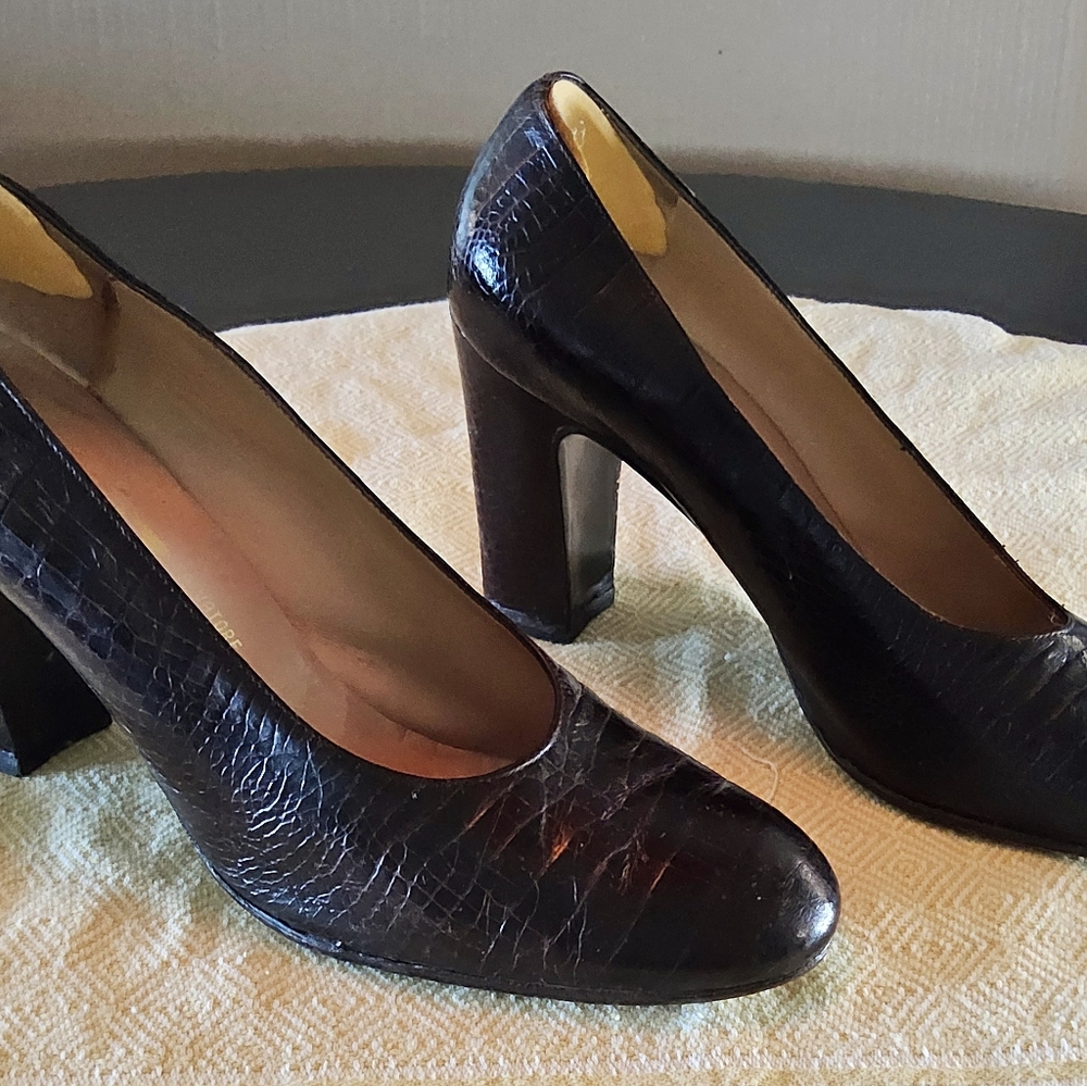 Salvatore Ferragamo Brown Lizzard Embossed Leather Chunky Heel Pumps